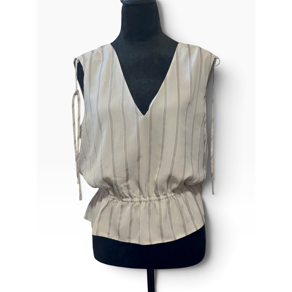 Banana Republic Petite Large Striped V-Neck Peplum Blouse Sleeveless Top Cream